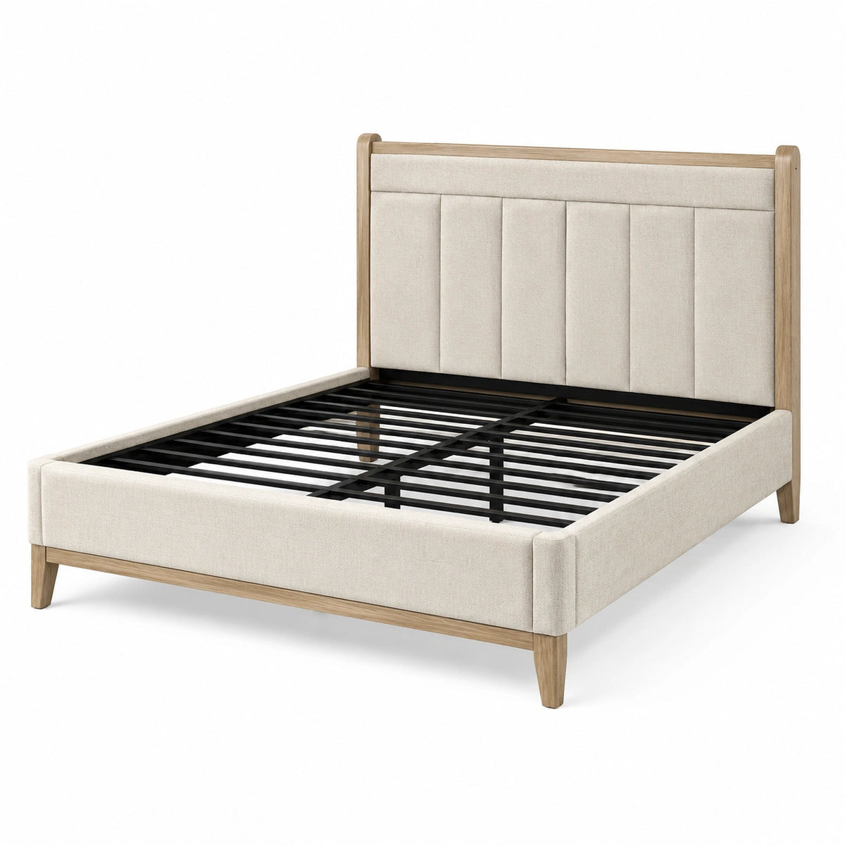 Gepolstertes Bettgestell für Matratzen 160 x 200 cm, 170 x 214 x 115 cm, Beige/Naturholz/Schwarz