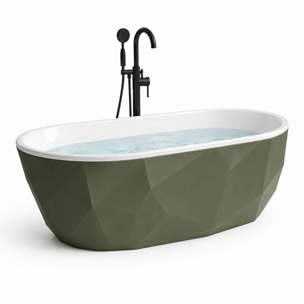Freistehende Badewanne aus Sanitäracryl, 170 × 80 × 58 cm, Grün/Weiß mit schwarzer Standarmatur