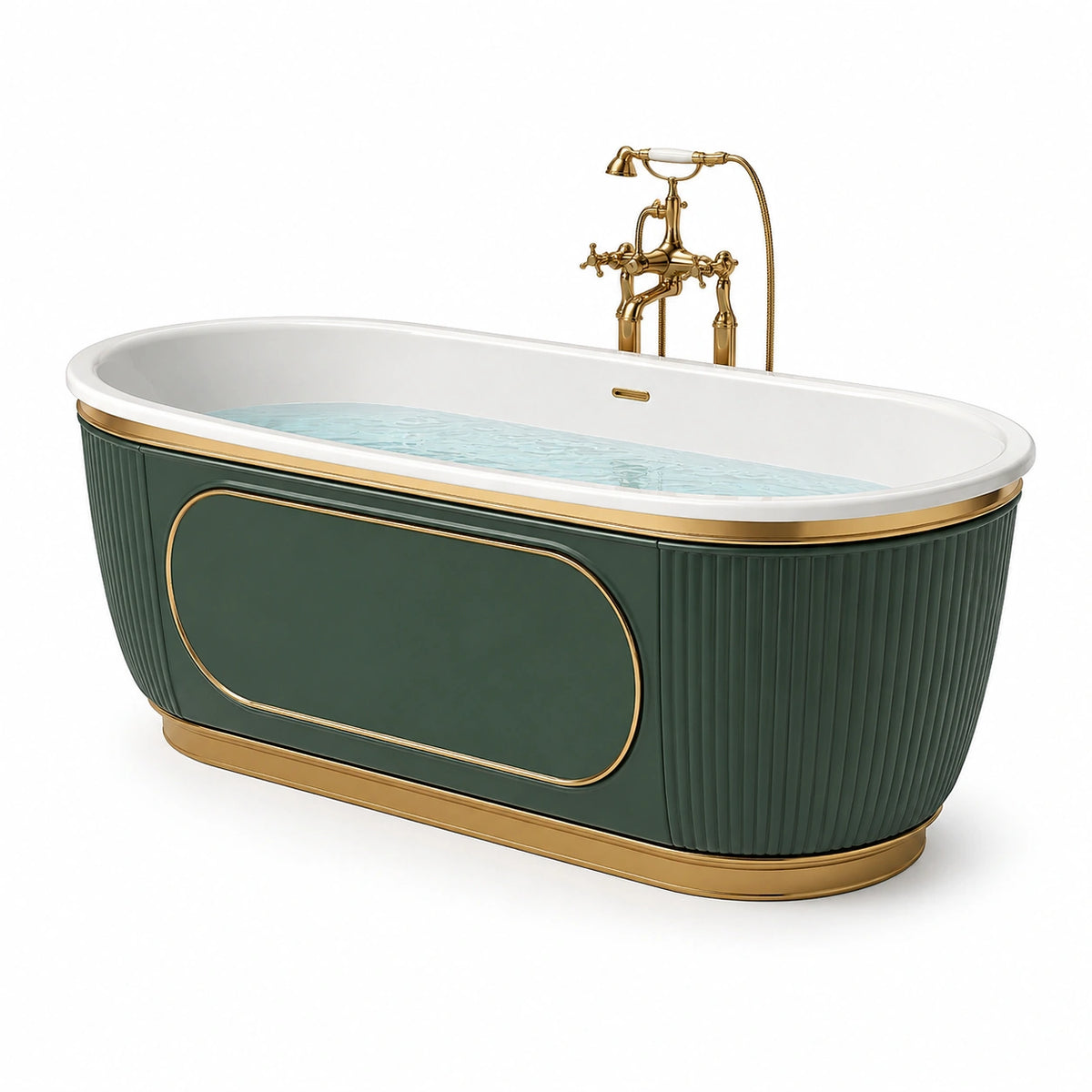Freistehende Badewanne 170 × 75 × 58 cm aus Acryl in Dunkelgrün, Weiß und Gold, klassischer Stil