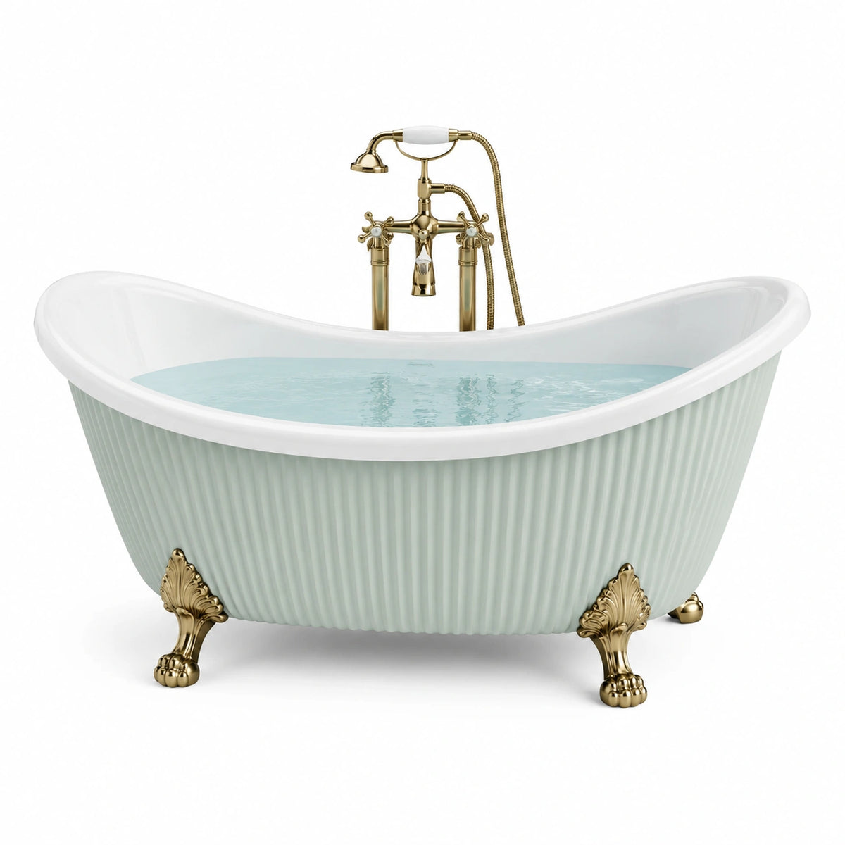 Freistehende Acrylbadewanne im klassischen Stil, 170 × 75 × 75 cm, Weiß/Hellgrün/Gold