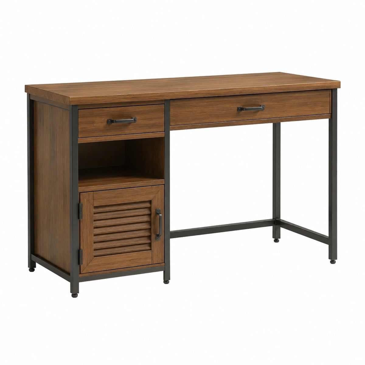 Industrie-Schreibtisch 120 × 60 × 75 cm mit 2 Schubladen und Lamellentür, Braun/Schwarz