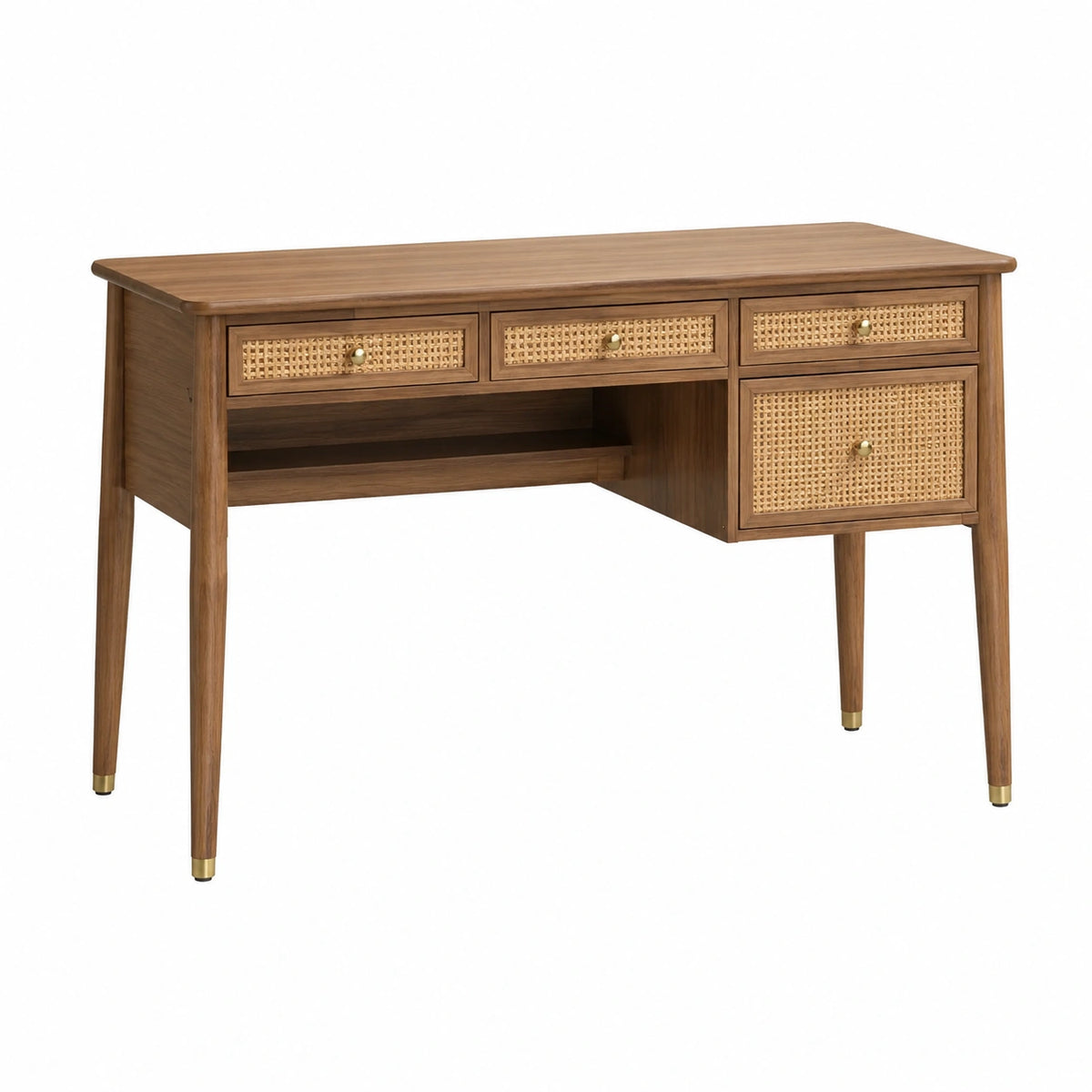 Schreibtisch aus Holz mit Rattangeflecht, 4 Schubladen, Braun/Natur/Gold, 120 × 60 × 76 cm