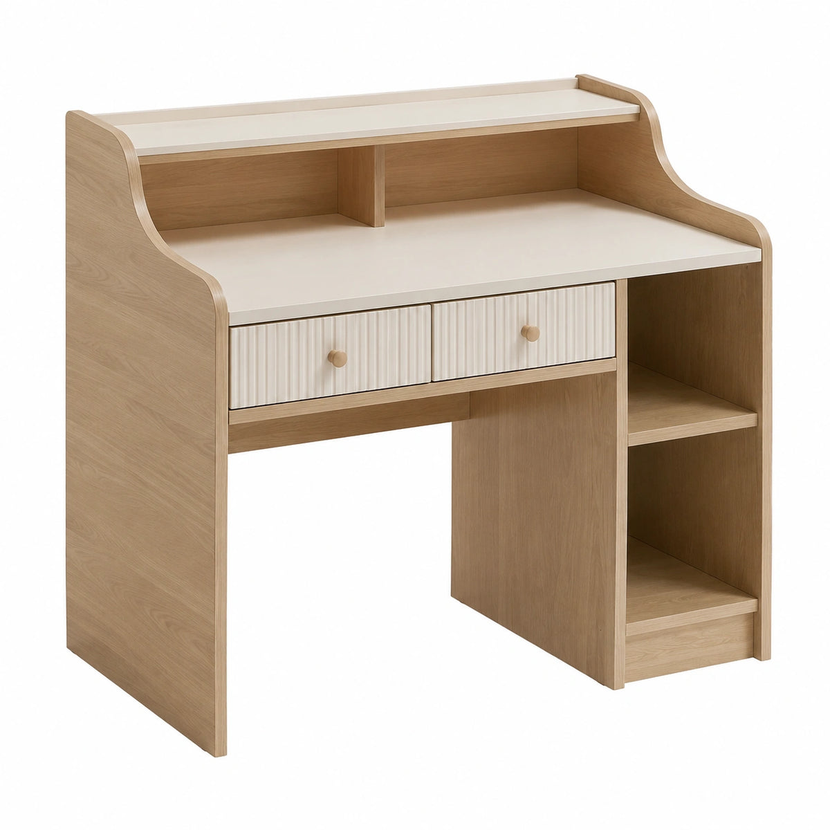 Kinderschreibtisch aus Holz in Naturholz/Weiß, 120 × 60 × 110 cm, mit 2 Schubladen und Ablagefächern