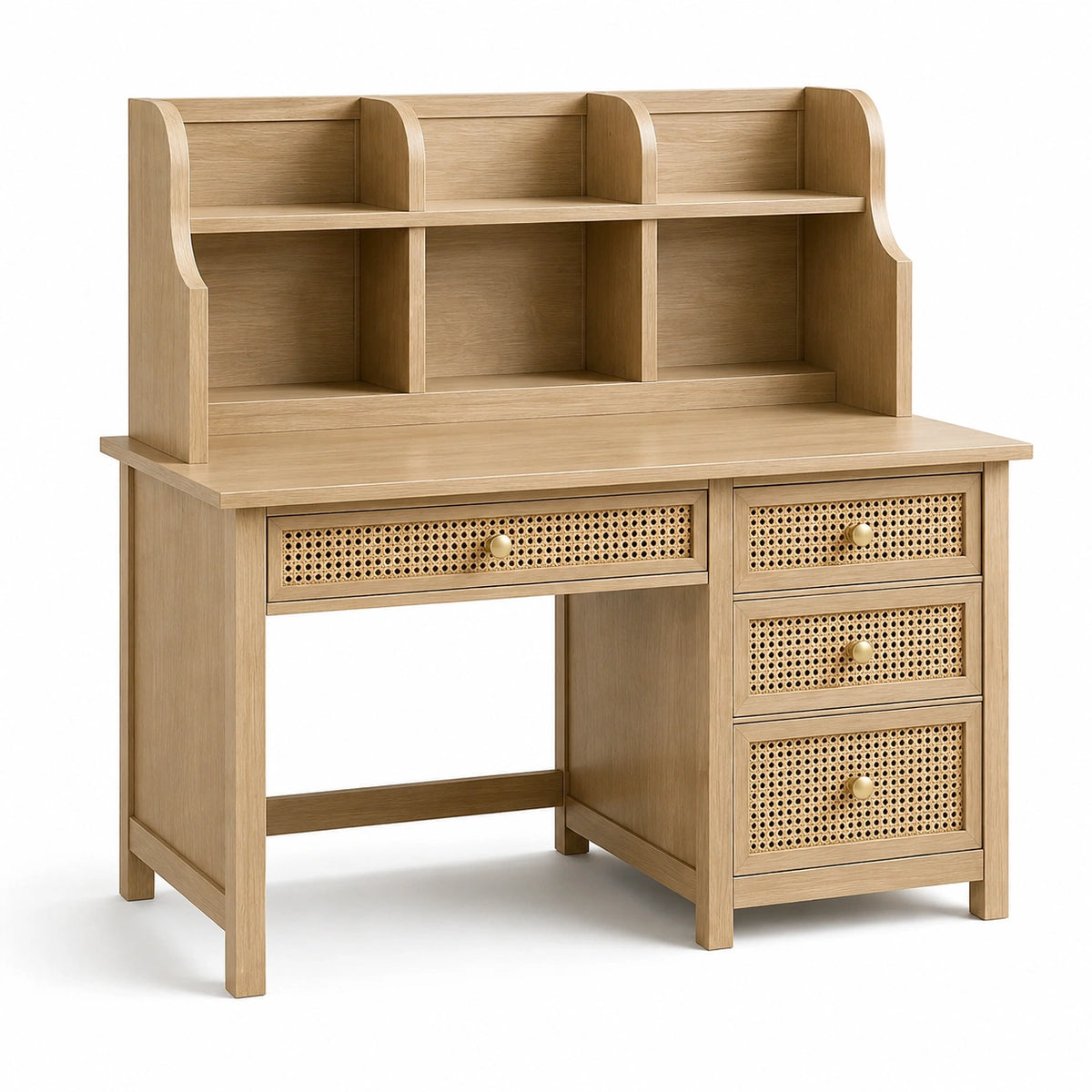 Holzschreibtisch 120 × 60 × 150 cm in Natur/Beige mit Rattan-Schubladen und Regalaufsatz