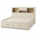 Gepolstertes Stauraumbett Creme/Hellbraun/Gold, 220 × 180 × 160 cm, Liegefläche 160 × 200 cm, mit Schubladen und Kopfteilablagen