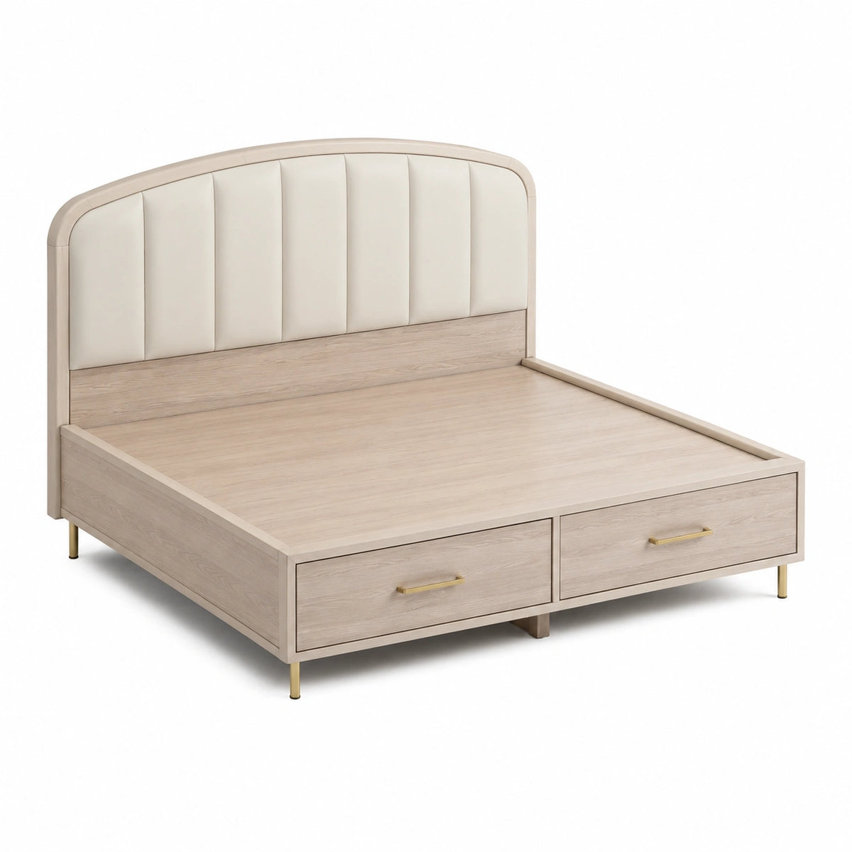 Stauraumbett 160 x 200 cm Beige/Hellbraun/Goldfarben mit gepolstertem Kopfteil und 2 Schubladen