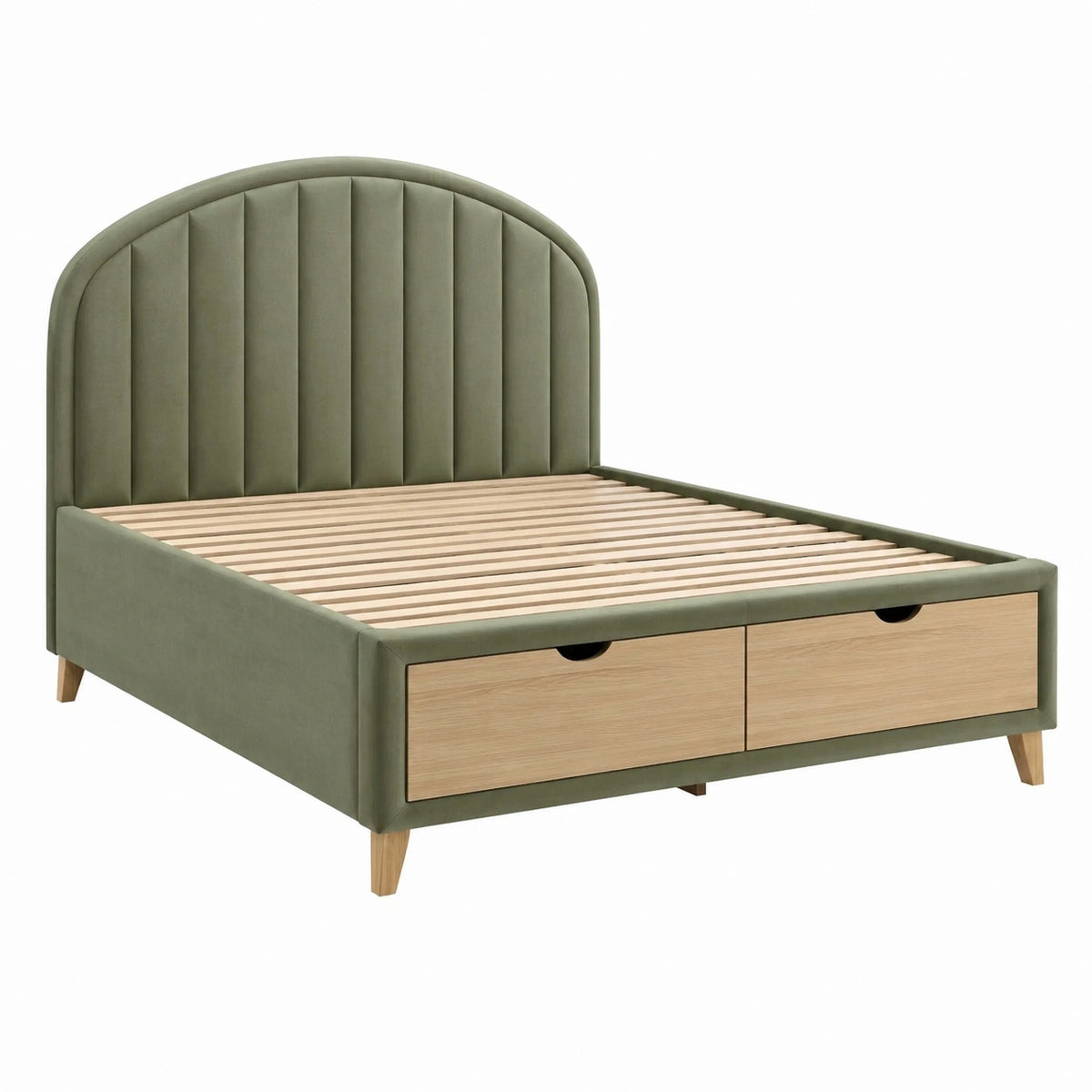 Samtbett 160 x 200 cm in Olivgrün und Natur mit gepolstertem Kopfteil, Lattenrost und 2 Schubladen