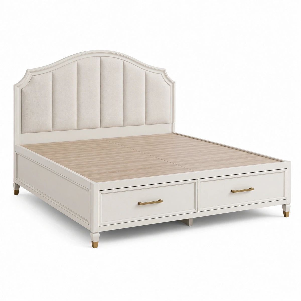 Polsterbett 180 × 200 cm in Creme/Beige mit goldfarbenen Griffen und 2 Schubladen, 214 × 196 × 145 cm