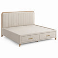 Beiges Samt-Polsterbett 174 × 220 × 120 cm für Matratzen 160 × 200 cm mit 2 Schubladen, Naturholz und Gold