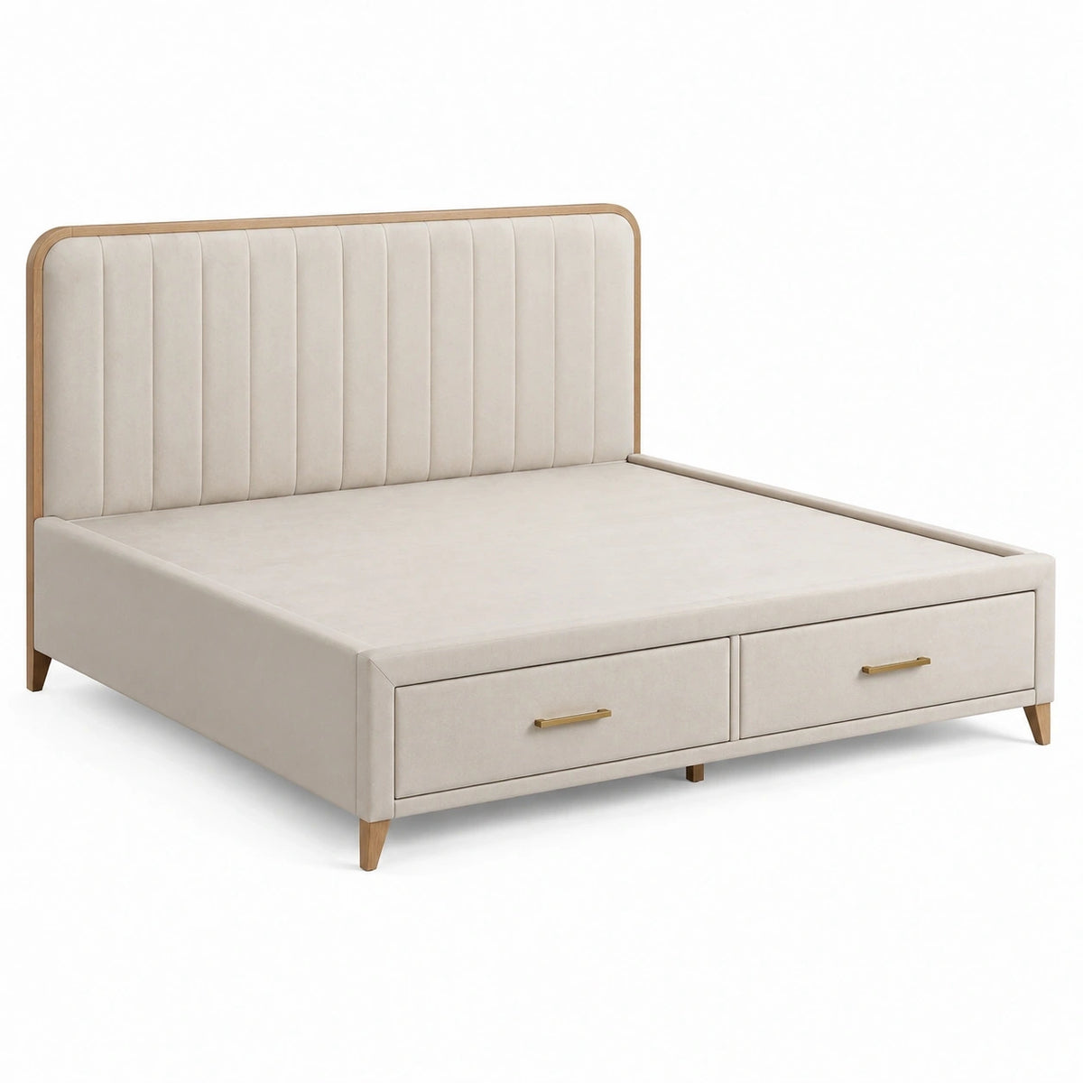 Beiges Samt-Polsterbett 174 × 220 × 120 cm für Matratzen 160 × 200 cm mit 2 Schubladen, Naturholz und Gold