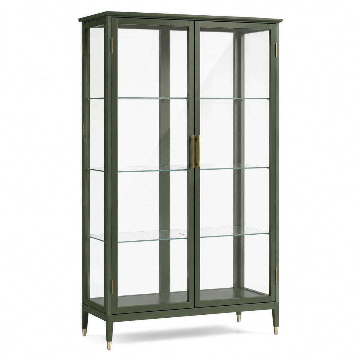 Glasvitrine 100 × 40 × 180 cm aus Metall und Glas in Dunkelgrün mit goldfarbenen Griffen