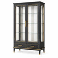 Eleganter Vitrinenschrank mit 2 Glastüren und 2 Schubladen, 90 × 40 × 180 cm, Schwarz/Gold/Klar
