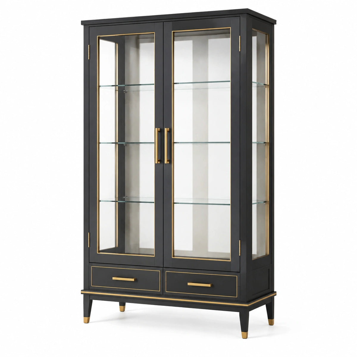 Eleganter Vitrinenschrank mit 2 Glastüren und 2 Schubladen, 90 × 40 × 180 cm, Schwarz/Gold/Klar