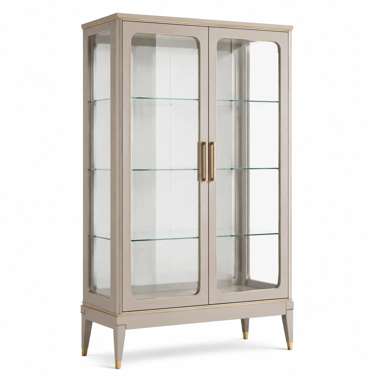 Elegante Vitrine mit Glastüren, 90 × 40 × 180 cm, Taupe mit goldfarbenen Akzenten