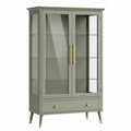 Vitrine 100 × 40 × 180 cm in Graugrün mit Glastüren, Glasböden und Schublade