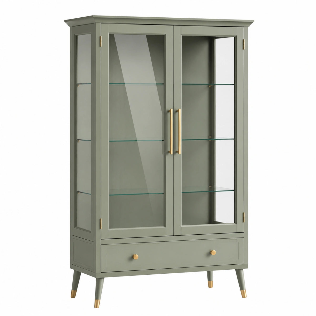 Vitrine 100 × 40 × 180 cm in Graugrün mit Glastüren, Glasböden und Schublade