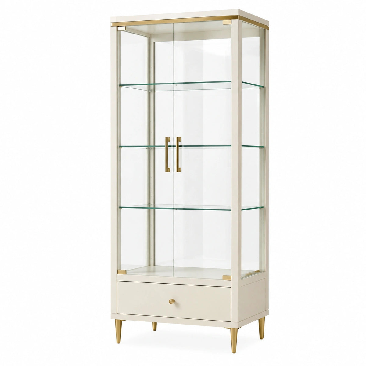 Vitrine 80 × 40 × 180 cm aus Glas, Holzwerkstoff und Metall in Cremeweiß/Gold/Transparent mit Schublade