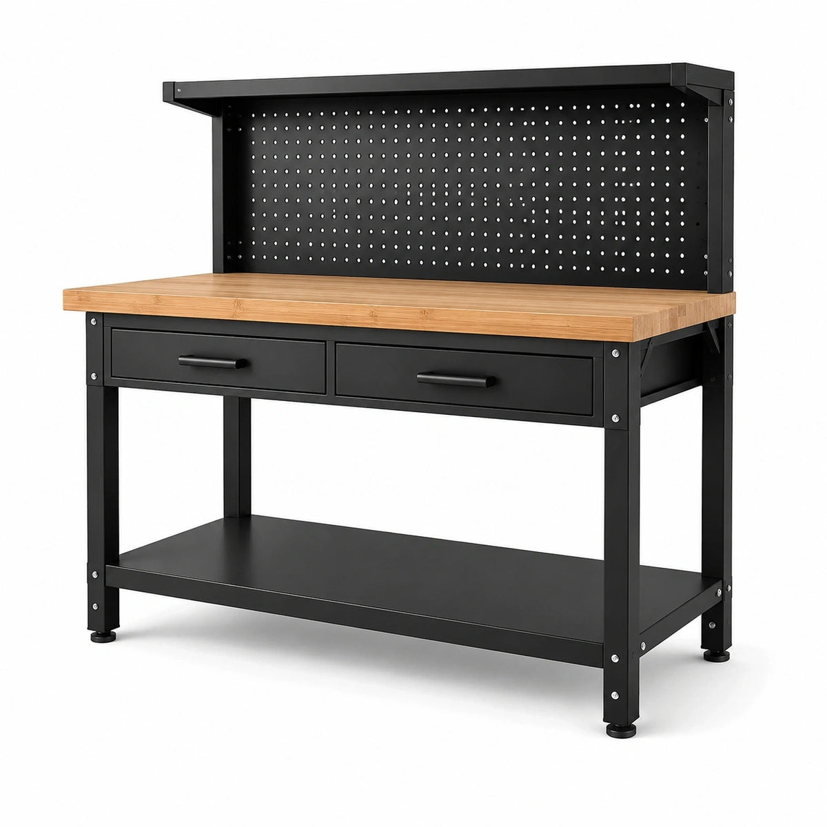 Werkbank 120 x 60 x 150 cm mit Bambus-Arbeitsplatte, Lochwand und 2 Schubladen, Schwarz/Natur