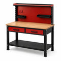 Werkbank 120 × 60 × 150 cm aus Stahl und Holzwerkstoff mit Lochwand, 2 Schubladen und Ablageflächen, Rot/Schwarz/Naturholz