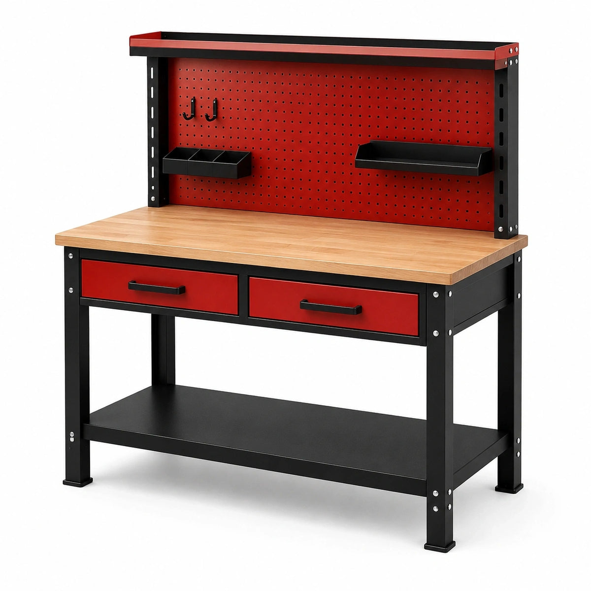 Werkbank 120 × 60 × 150 cm aus Stahl und Holzwerkstoff mit Lochwand, 2 Schubladen und Ablageflächen, Rot/Schwarz/Naturholz