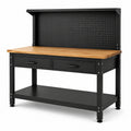 Werkbank 120 × 60 × 150 cm aus Stahl und Holz, Schwarz/Natur, mit Lochwand, 2 Schubladen und Ablage