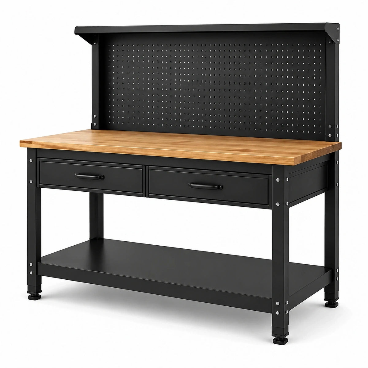 Werkbank 120 × 60 × 150 cm aus Stahl und Holz, Schwarz/Natur, mit Lochwand, 2 Schubladen und Ablage