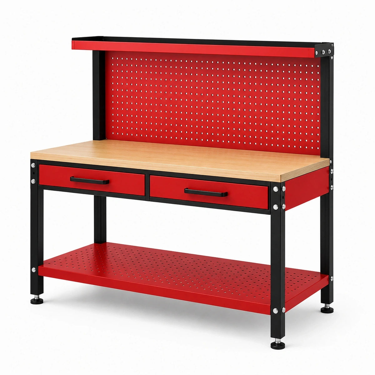 Werkbank 120 × 60 × 150 cm in Rot/Schwarz mit Arbeitsplatte in Holzoptik, Lochwand und 2 Schubladen