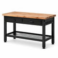 Werkbank 120 × 60 × 90 cm aus Massivholz und Metall mit 2 Schubladen, Natur/Schwarz