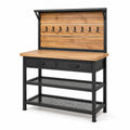 Werkbank 120 × 60 × 180 cm aus Holz und Metall in Natur/Schwarz mit 2 Schubladen, Hakenleiste und Gitterablagen