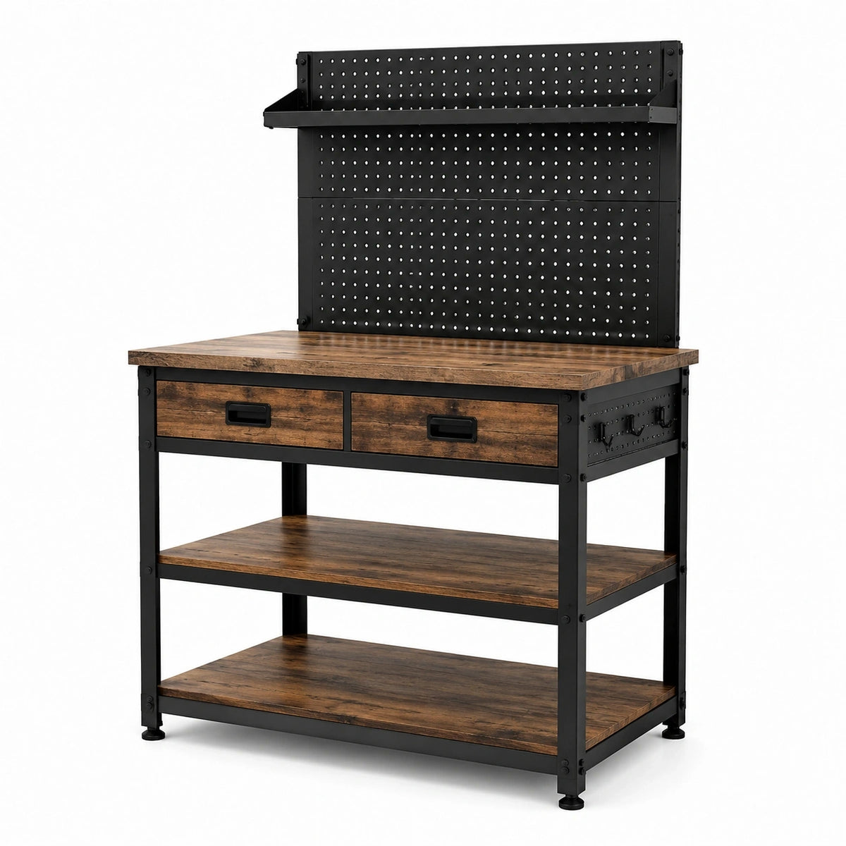 Werkbank im Industrie-Stil, 120 × 60 × 150 cm, mit Lochwand, 2 Schubladen und Ablagen, Schwarz/Braun