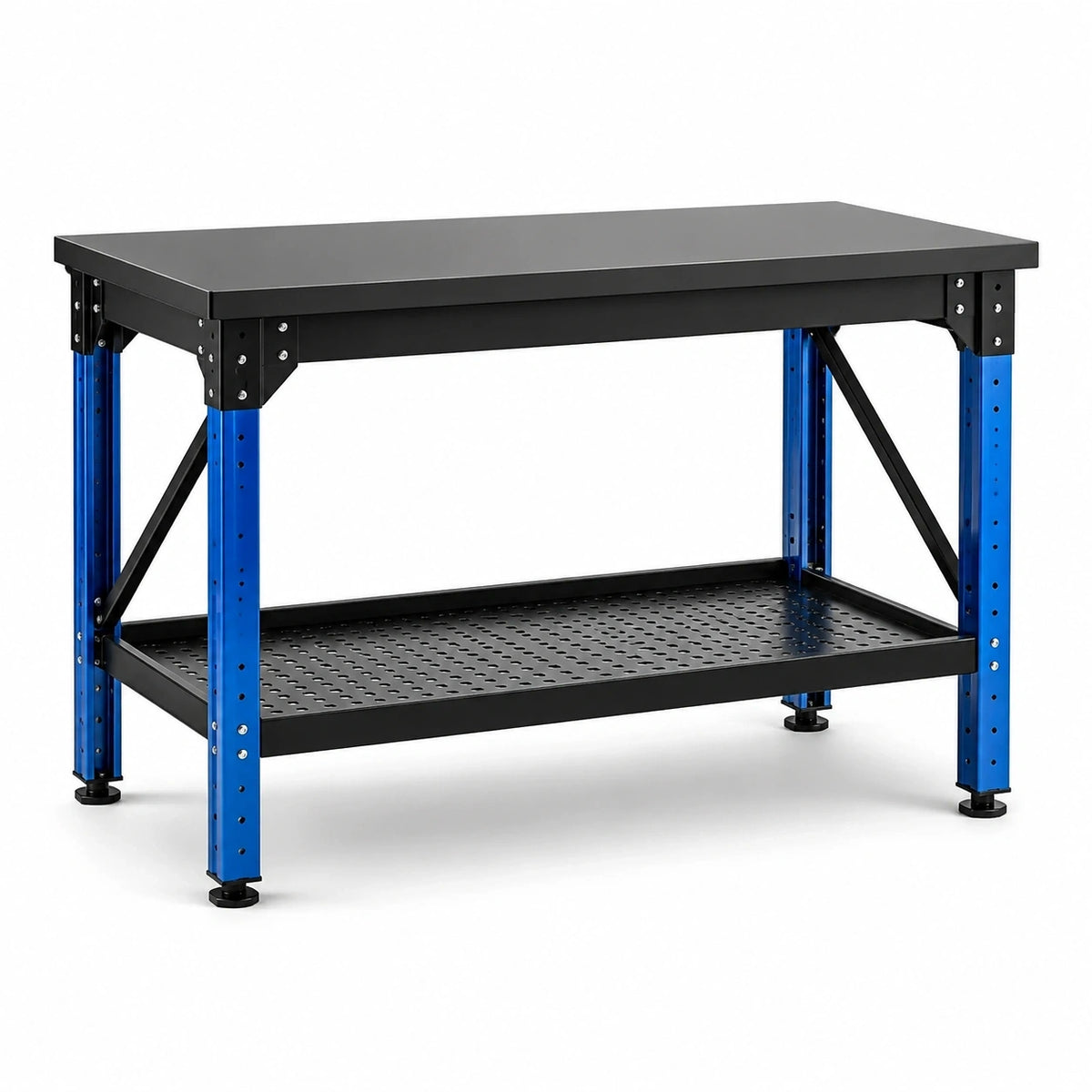 Höhenverstellbare Werkbank aus Stahl mit Lochblechablage, 120 × 60 × 90 cm, Schwarz/Blau